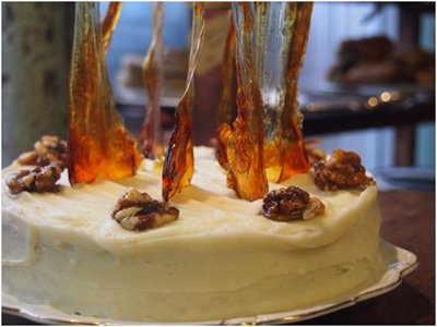 Spiced carrot cake with walnuts and toffee shards recipe from Sugardough in Brighton and Hove